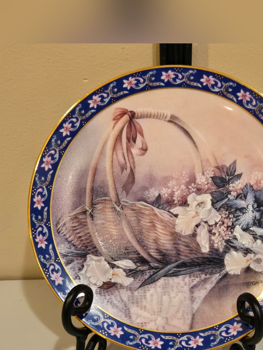 Vintage Lena Liu's Floral Basket Decorative Collector Plate in Blue and Gold